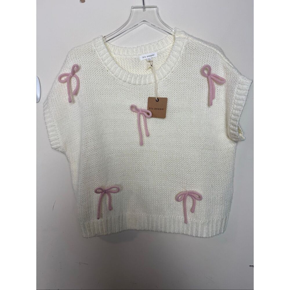 Blu Pepper Soft Ivory Pink Bow Knit Sweater Size L Soft Cozy Cottagecore Kawaii